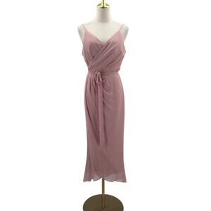 AW BRIDAL SZ L  dusty pink faux wrap chiffon tulip cut party midi dress NEW B78